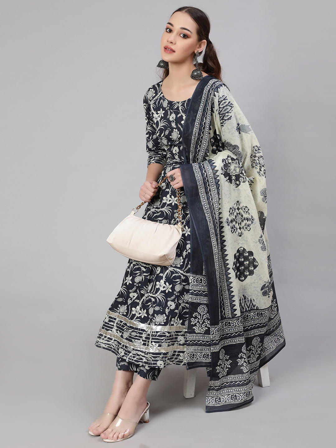 Women's Grey Paisely Printed Anarkali Kurta With Trouser And Dupatta