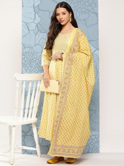 Women's Yellow Printed Anarkali Kurta With Trouser And Dupatta