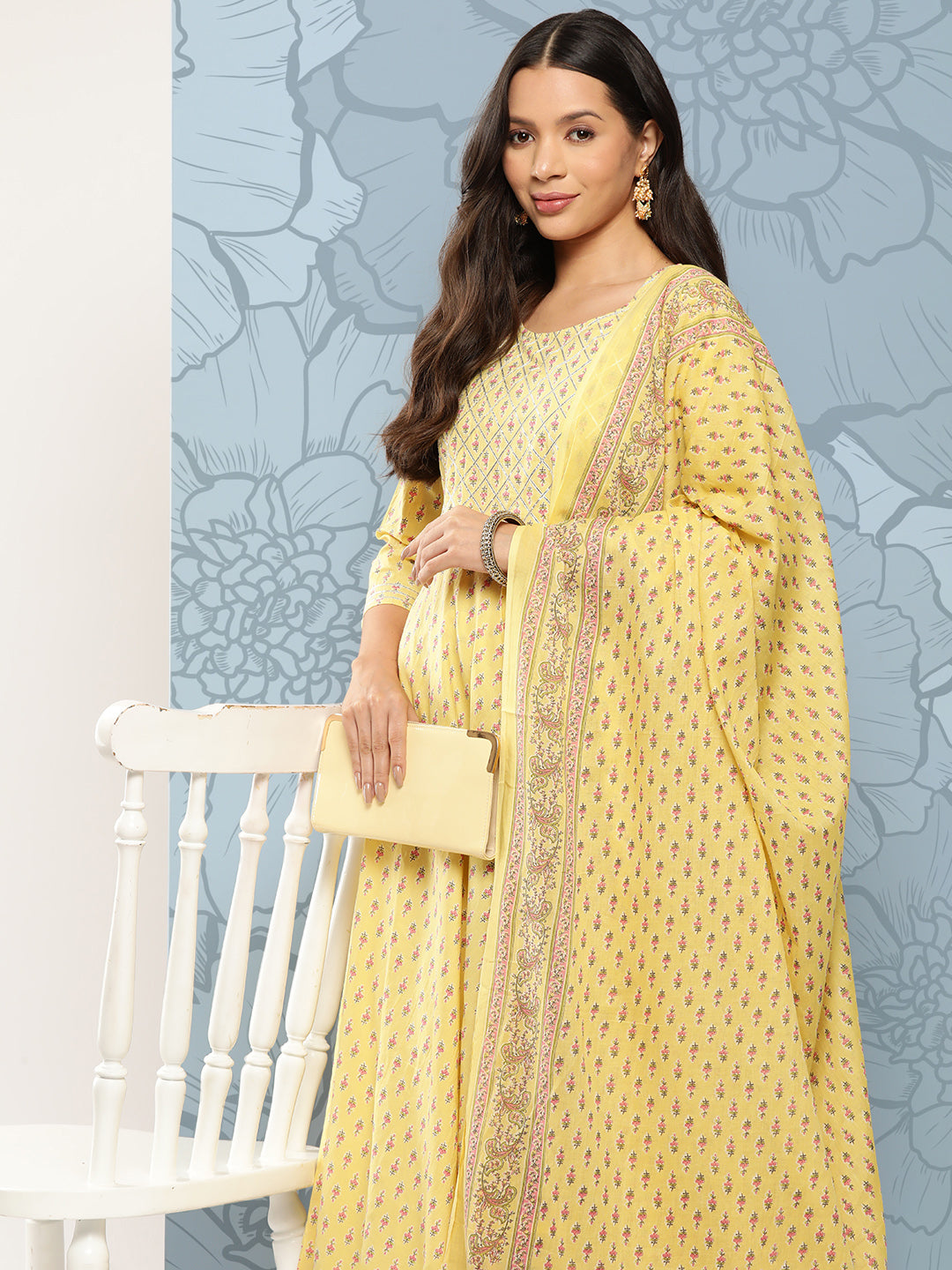 Women's Yellow Printed Anarkali Kurta With Trouser And Dupatta