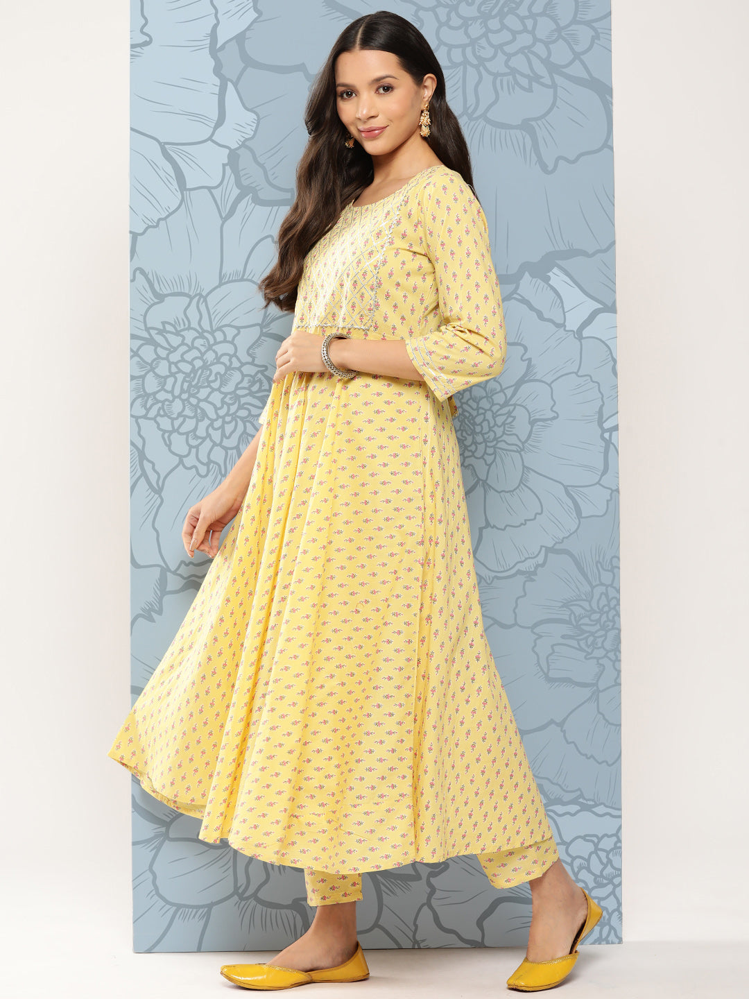 Women's Yellow Printed Anarkali Kurta With Trouser And Dupatta