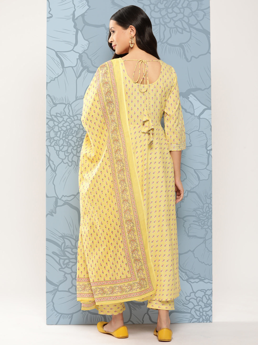 Women's Yellow Printed Anarkali Kurta With Trouser And Dupatta