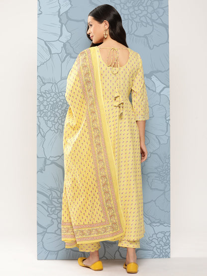 Women's Yellow Printed Anarkali Kurta With Trouser And Dupatta