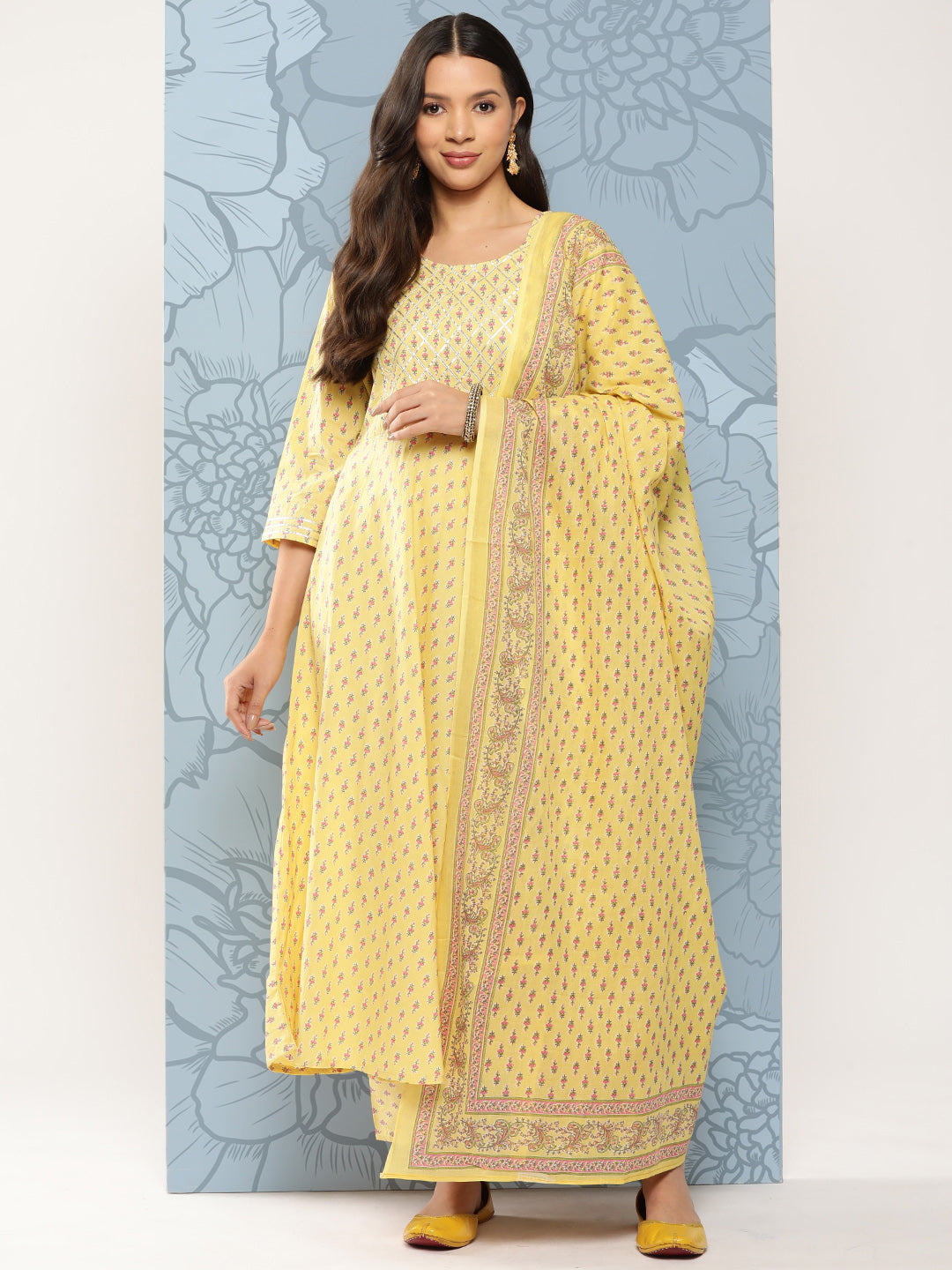 Women's Yellow Printed Anarkali Kurta With Trouser And Dupatta