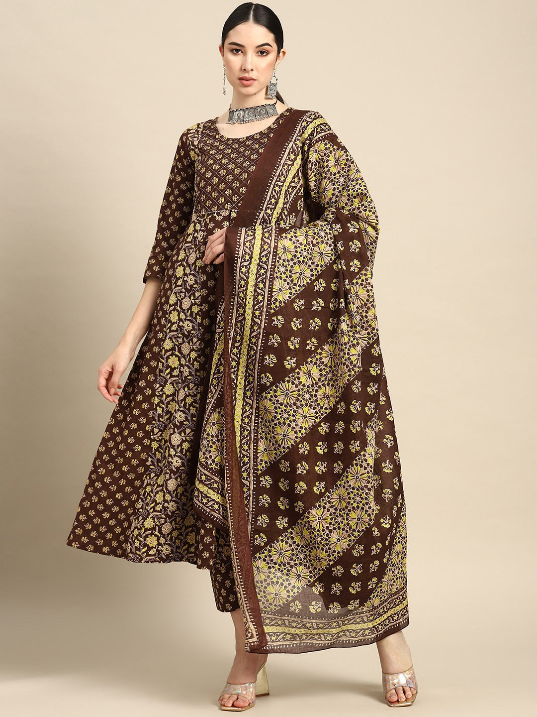 Women's Brown Ethnic Printed Anarkali Kurta With Trouser And Dupatta