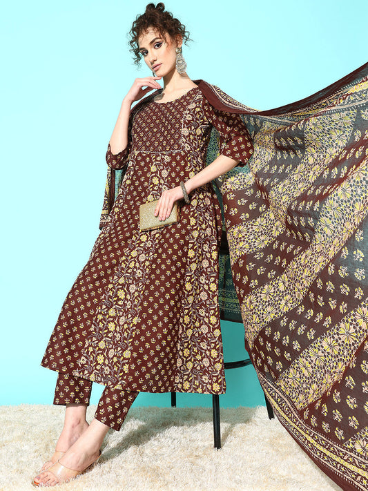 Women's Brown Ethnic Printed Anarkali Kurta With Trouser And Dupatta