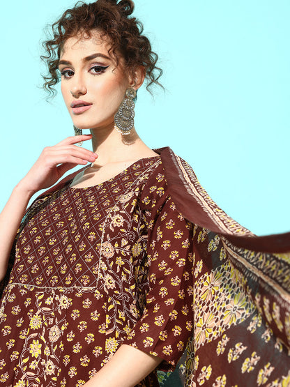 Women's Brown Ethnic Printed Anarkali Kurta With Trouser And Dupatta