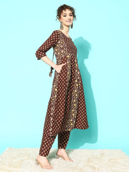 Women's Brown Ethnic Printed Anarkali Kurta With Trouser And Dupatta