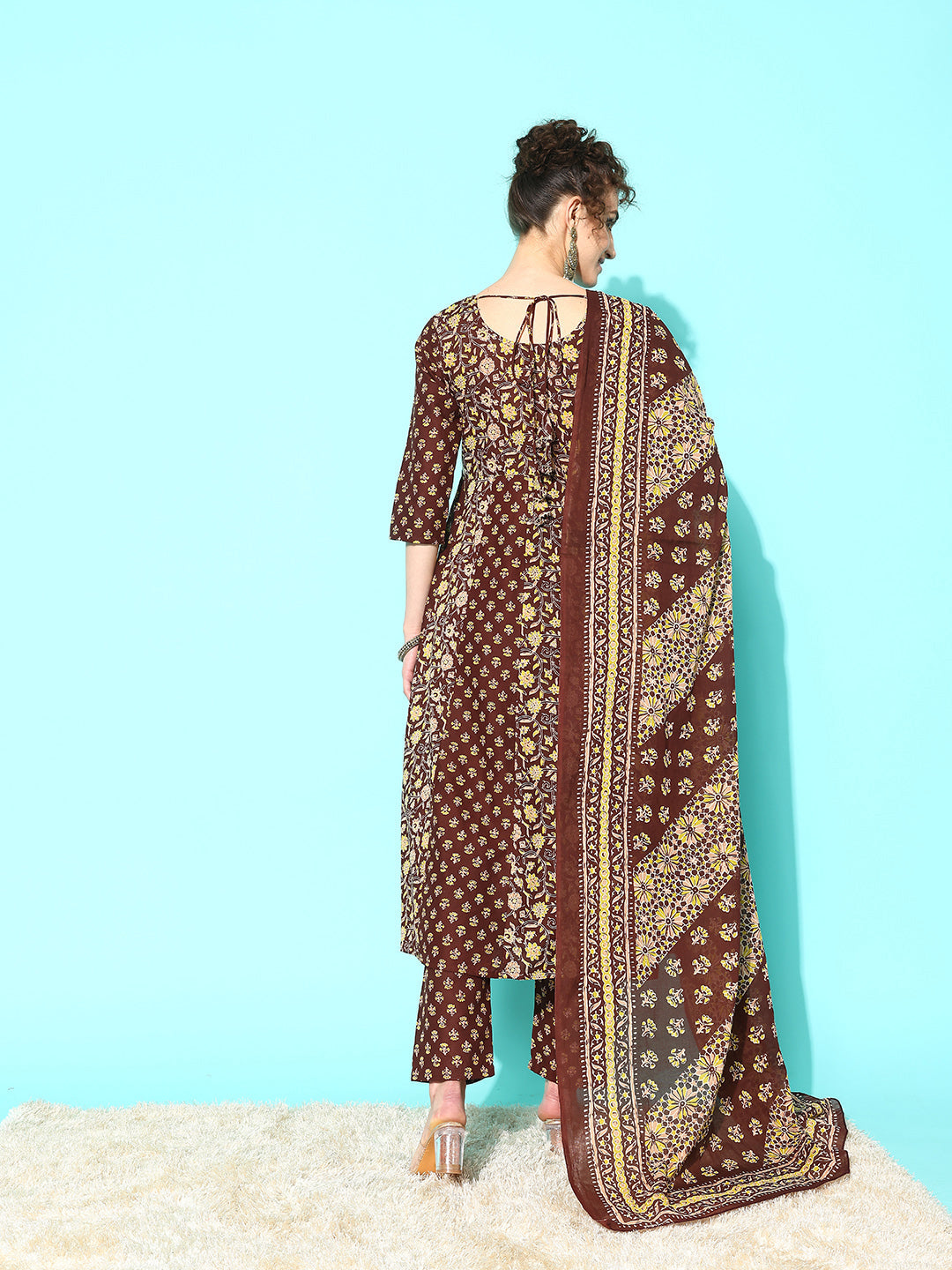 Women's Brown Ethnic Printed Anarkali Kurta With Trouser And Dupatta