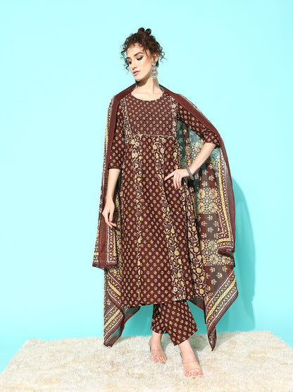 Women's Brown Ethnic Printed Anarkali Kurta With Trouser And Dupatta