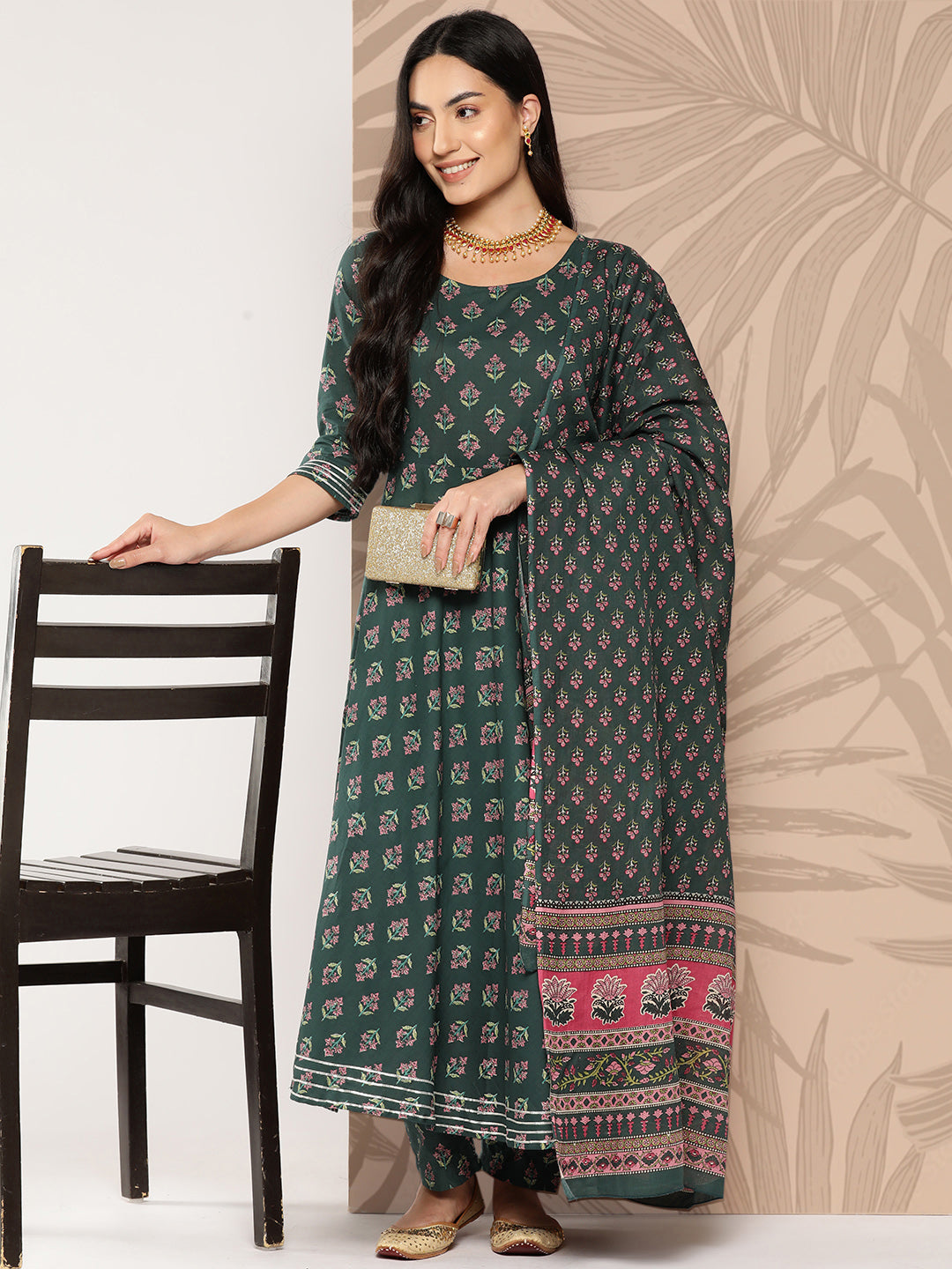 Women's Green Ethnic Printed Anarkali Kurta With Trouser And Dupatta