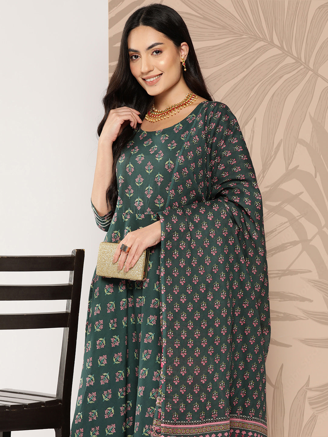 Women's Green Ethnic Printed Anarkali Kurta With Trouser And Dupatta