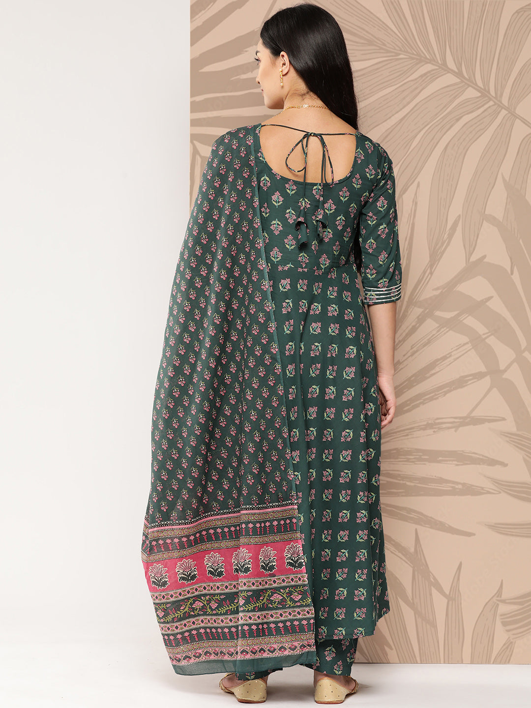 Women's Green Ethnic Printed Anarkali Kurta With Trouser And Dupatta