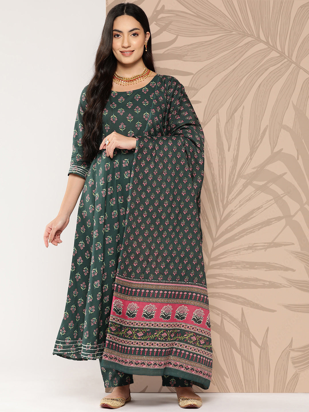 Women's Green Ethnic Printed Anarkali Kurta With Trouser And Dupatta