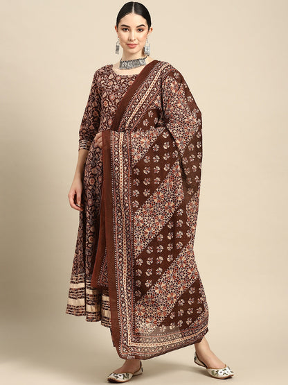 Women's Brown Floral Printed Anarkali Kurta With Trouser And Dupatta