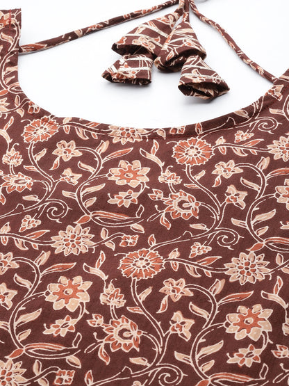 Women's Brown Floral Printed Anarkali Kurta With Trouser And Dupatta