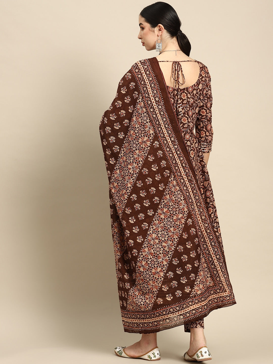 Women's Brown Floral Printed Anarkali Kurta With Trouser And Dupatta