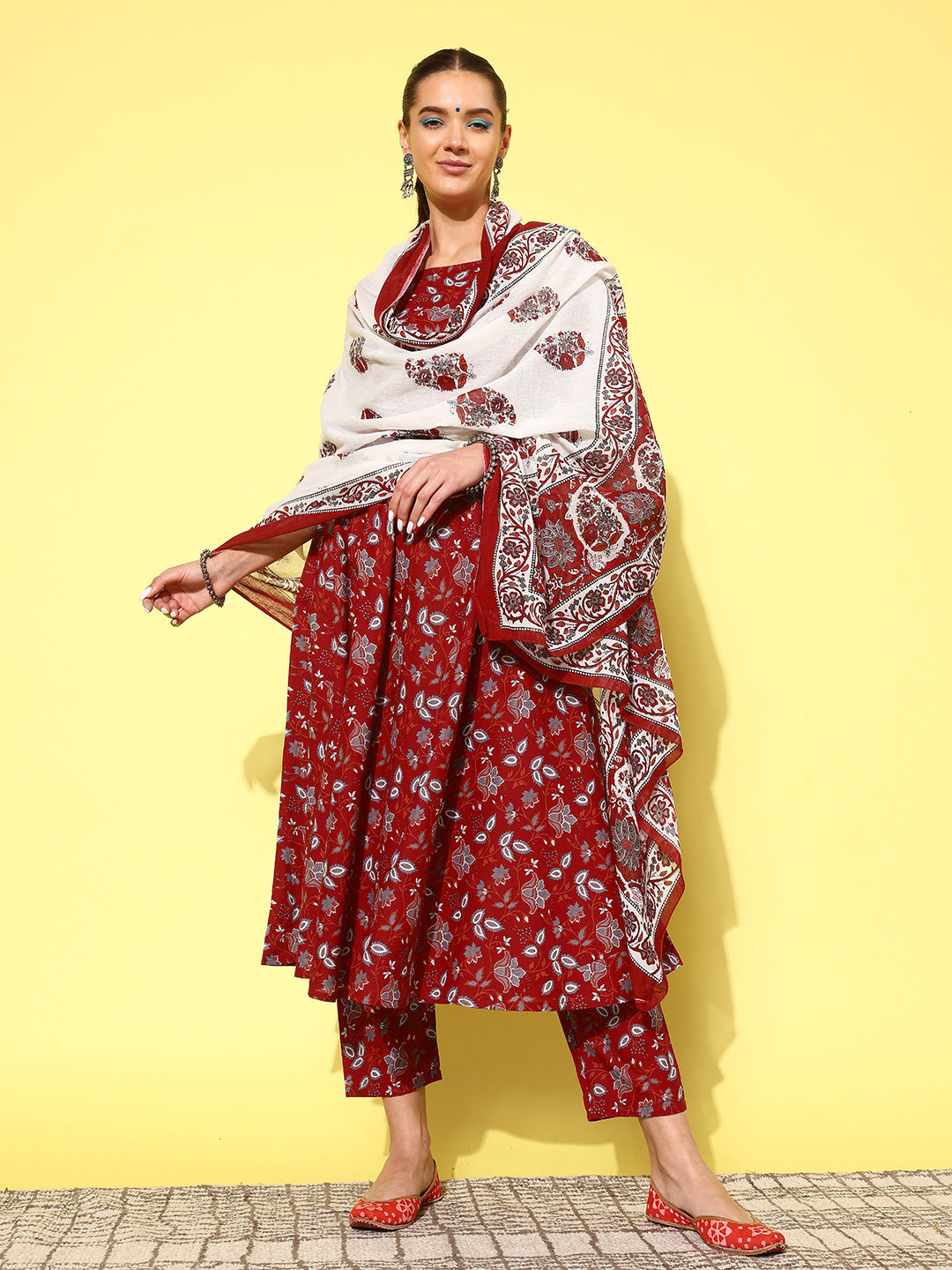 Women's Maroon Printed Anarkali Kurta With Trouser And Dupatta