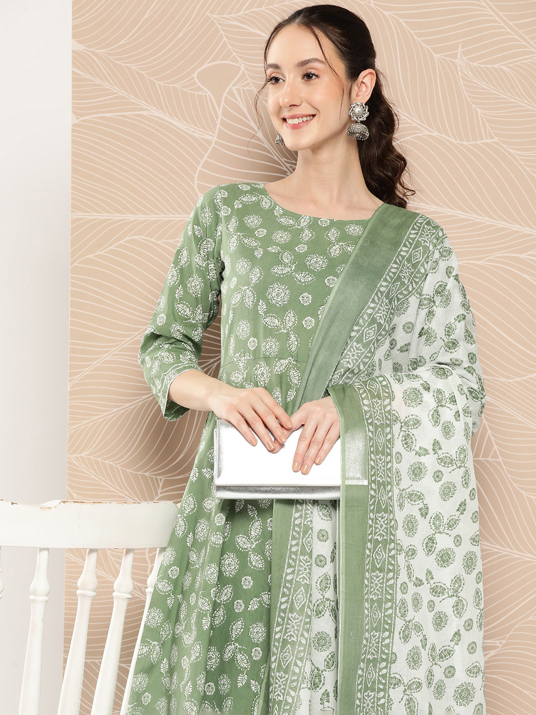 Women's Green Floral Printed Anarkali Kurta With Trouser And Dupatta