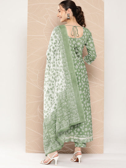 Women's Green Floral Printed Anarkali Kurta With Trouser And Dupatta