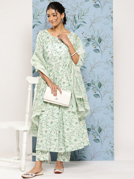 Women's Green Printed Anarkali Kurta With Trouser and Dupatta