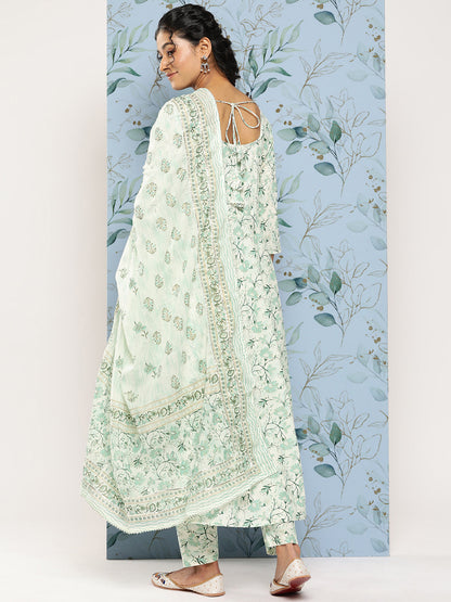 Women's Green Printed Anarkali Kurta With Trouser and Dupatta