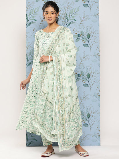 Women's Green Printed Anarkali Kurta With Trouser and Dupatta