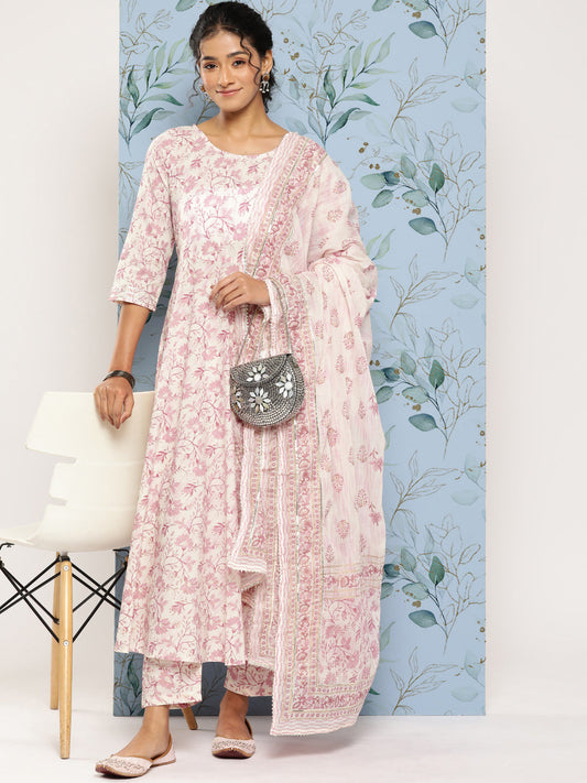 Women's Off- White & Pink Printed Anarkali Kurta With Trouser and Dupatta