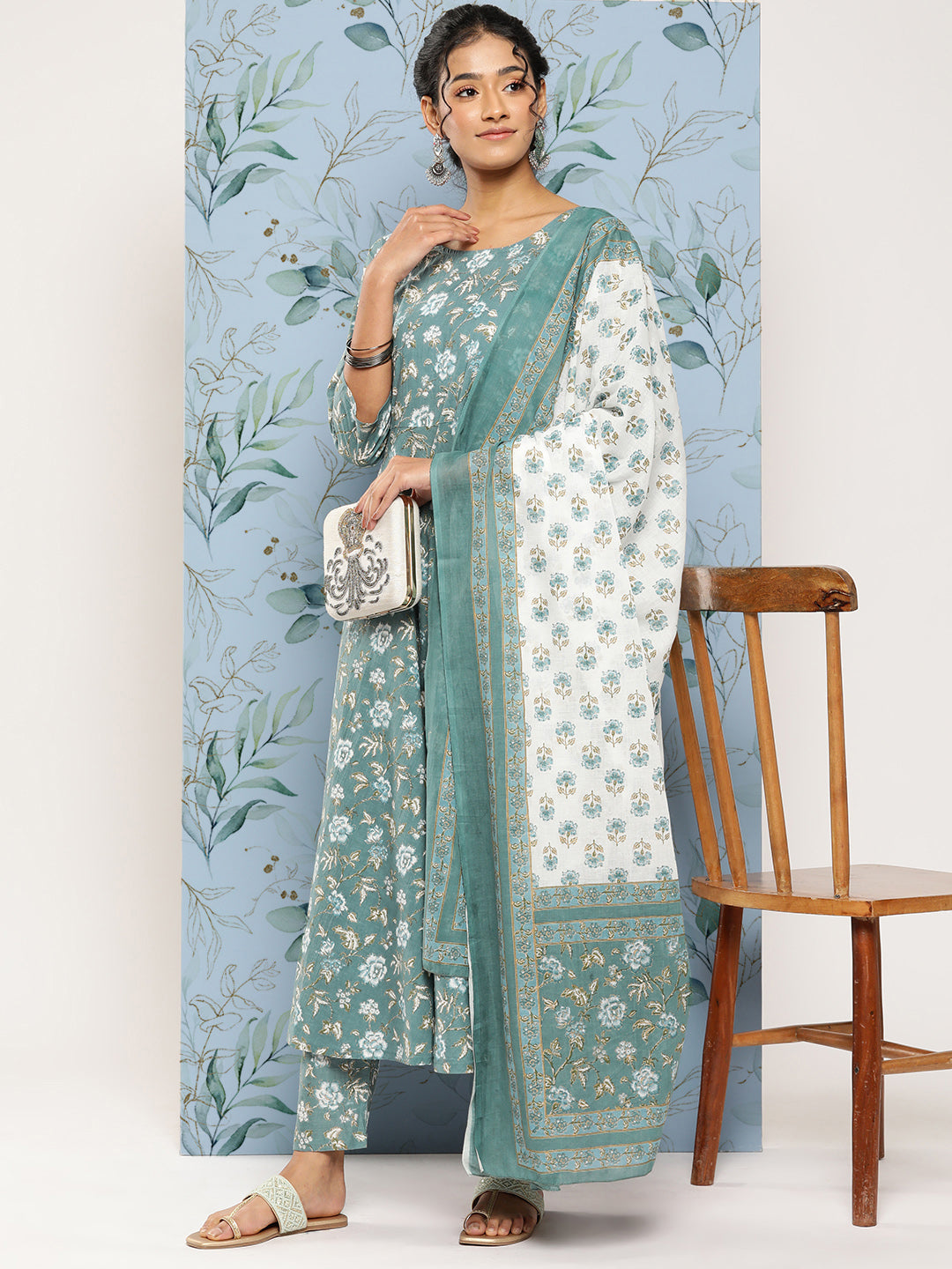 Women's Green Floral Printed Anarkali Kurta With Trouser and Dupatta