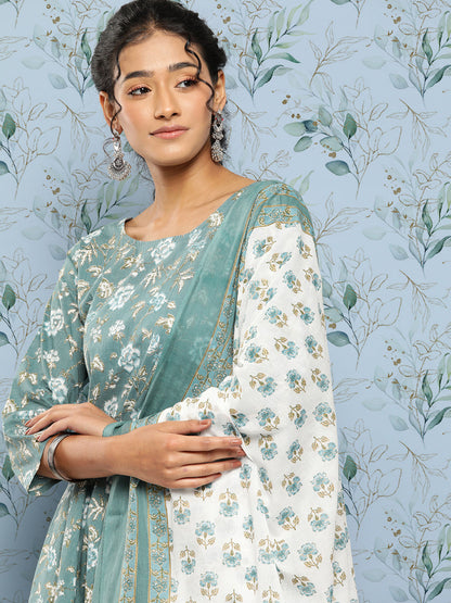 Women's Green Floral Printed Anarkali Kurta With Trouser and Dupatta