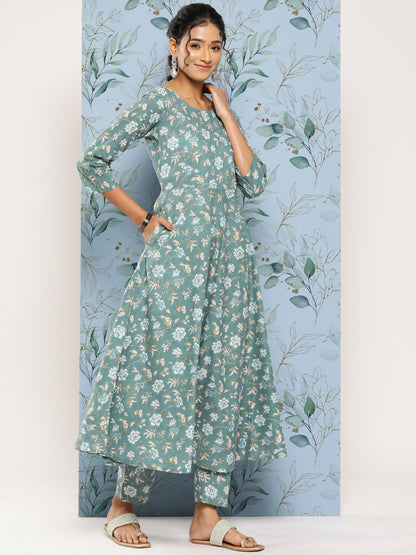 Women's Green Floral Printed Anarkali Kurta With Trouser and Dupatta