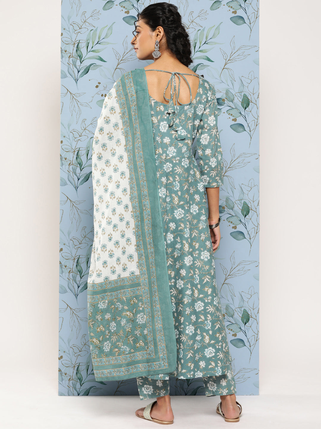 Women's Green Floral Printed Anarkali Kurta With Trouser and Dupatta