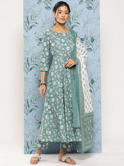 Women's Green Floral Printed Anarkali Kurta With Trouser and Dupatta