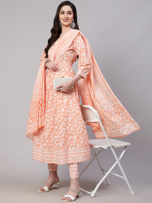 Women's Peach Printed Anarkali Kurta With Trouser and Dupatta