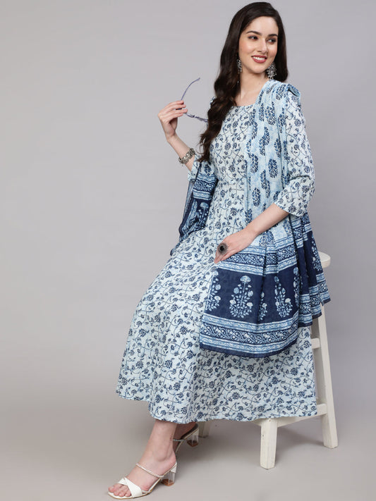 Women's Blue Floral Printed Anarkali Kurta With Trouser And Dupatta