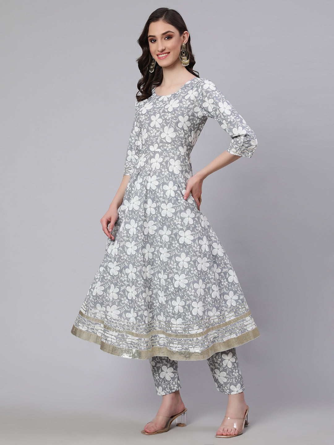 Women's Grey Ethnic Printed Anarkali Kurta With Trouser And Dupatta