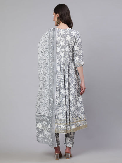 Women's Grey Ethnic Printed Anarkali Kurta With Trouser And Dupatta