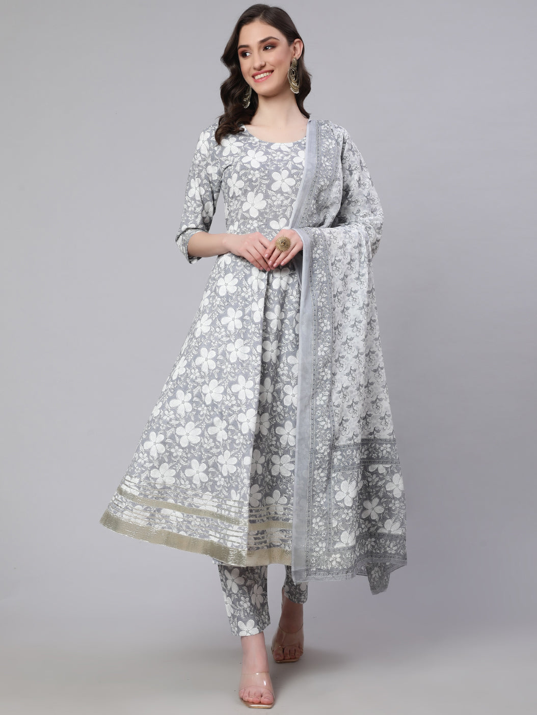 Women's Grey Ethnic Printed Anarkali Kurta With Trouser And Dupatta