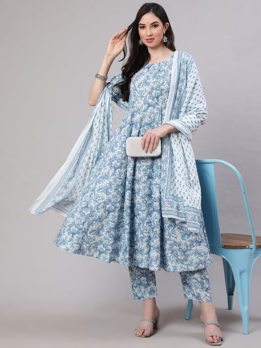 Women's Blue Floral Printed Anarkali Kurta With Trouser And Dupatta