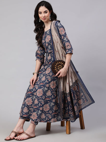 Women's Blue Floral Printed Anarkali Kurta With Trouser And Dupatta