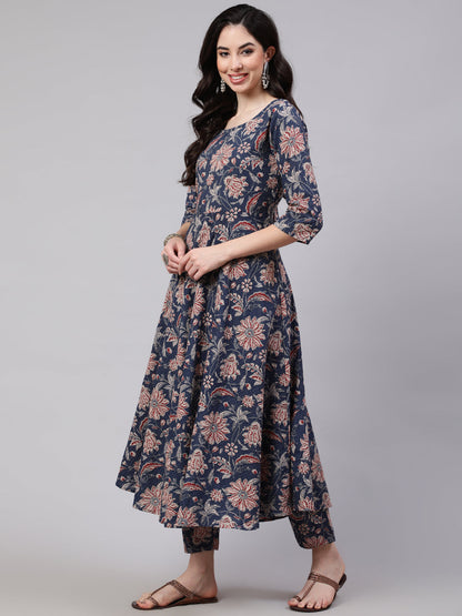 Women's Blue Floral Printed Anarkali Kurta With Trouser And Dupatta