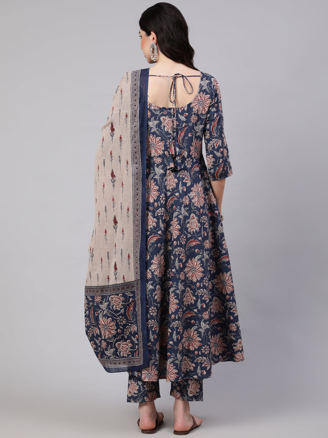 Women's Blue Floral Printed Anarkali Kurta With Trouser And Dupatta