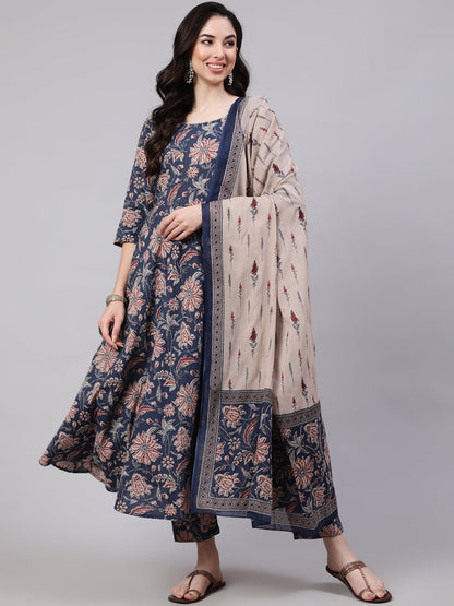 Women's Blue Floral Printed Anarkali Kurta With Trouser And Dupatta