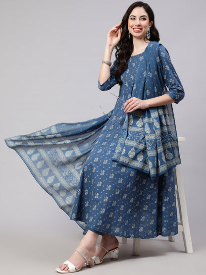 Women's Blue Floral Printed Anarkali Kurta With Trouser And Dupatta