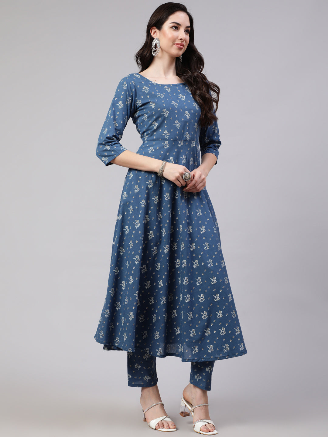 Women's Blue Floral Printed Anarkali Kurta With Trouser And Dupatta