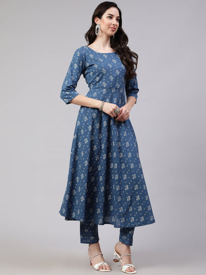 Women's Blue Floral Printed Anarkali Kurta With Trouser And Dupatta