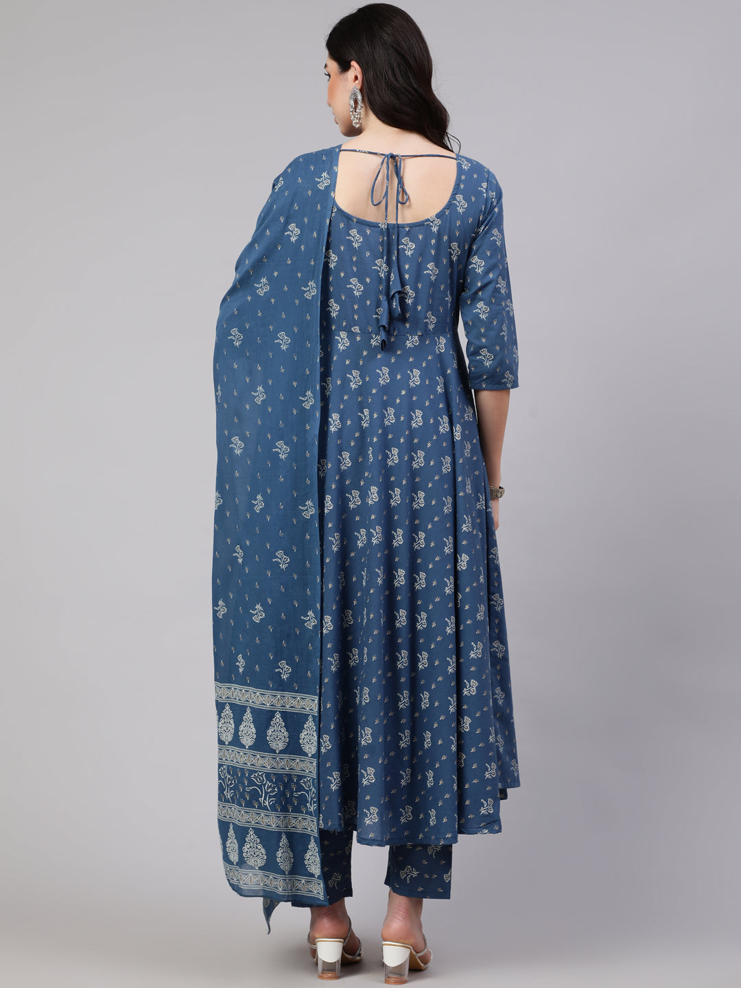 Women's Blue Floral Printed Anarkali Kurta With Trouser And Dupatta