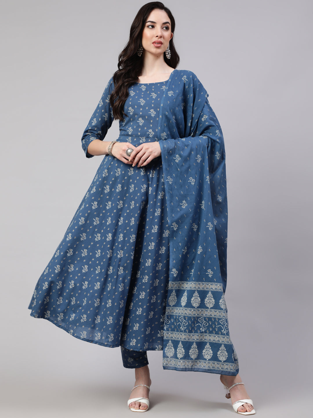 Women's Blue Floral Printed Anarkali Kurta With Trouser And Dupatta