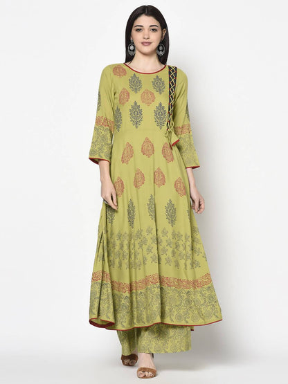 Women's Parrot Green Rayon Block print Anarkali Palazzo set