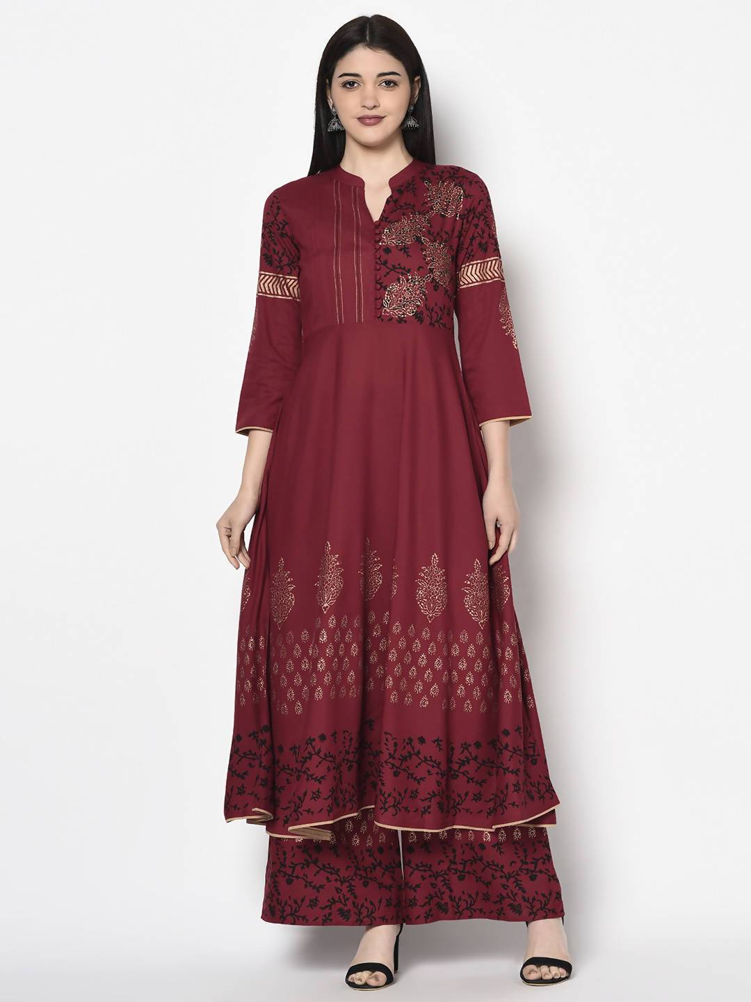 Women's Maroon Anarkali Kurta with Palazzo set by - (2pcs set)