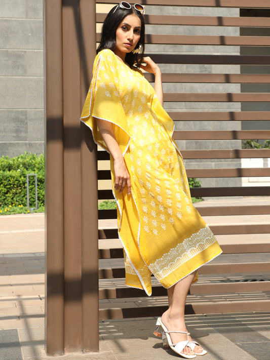 Women's Yellow Hand Block Printed Kaftan Dress